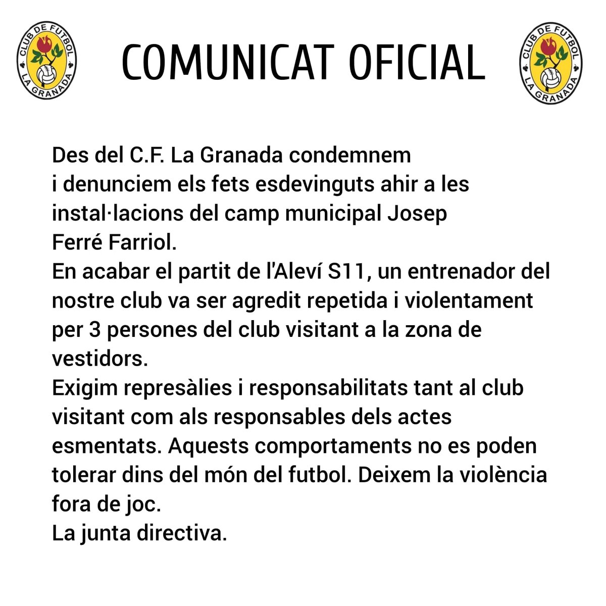 DEIXEM LA VIOLÈNCIA FORA DE JOC
ENDAVANT <a href="/CFLaGranada/">CF La Granada</a>