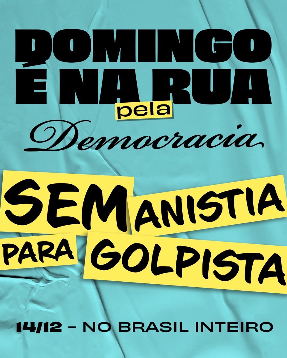 ptsaopaulosp's tweet photo. O BRASIL NÃO ESQUECE E NÃO PERDOA!

A democracia se defende nas ruas.
É hora de mostrar força, memória e compromisso com o futuro do Brasil no Ato contra a Impunidade - Sem anistia pra golpista.
Neste Domingo 14/12, em todo o País.
Nossa democracia é inegociável! https://t.co/qlhJObbl7C