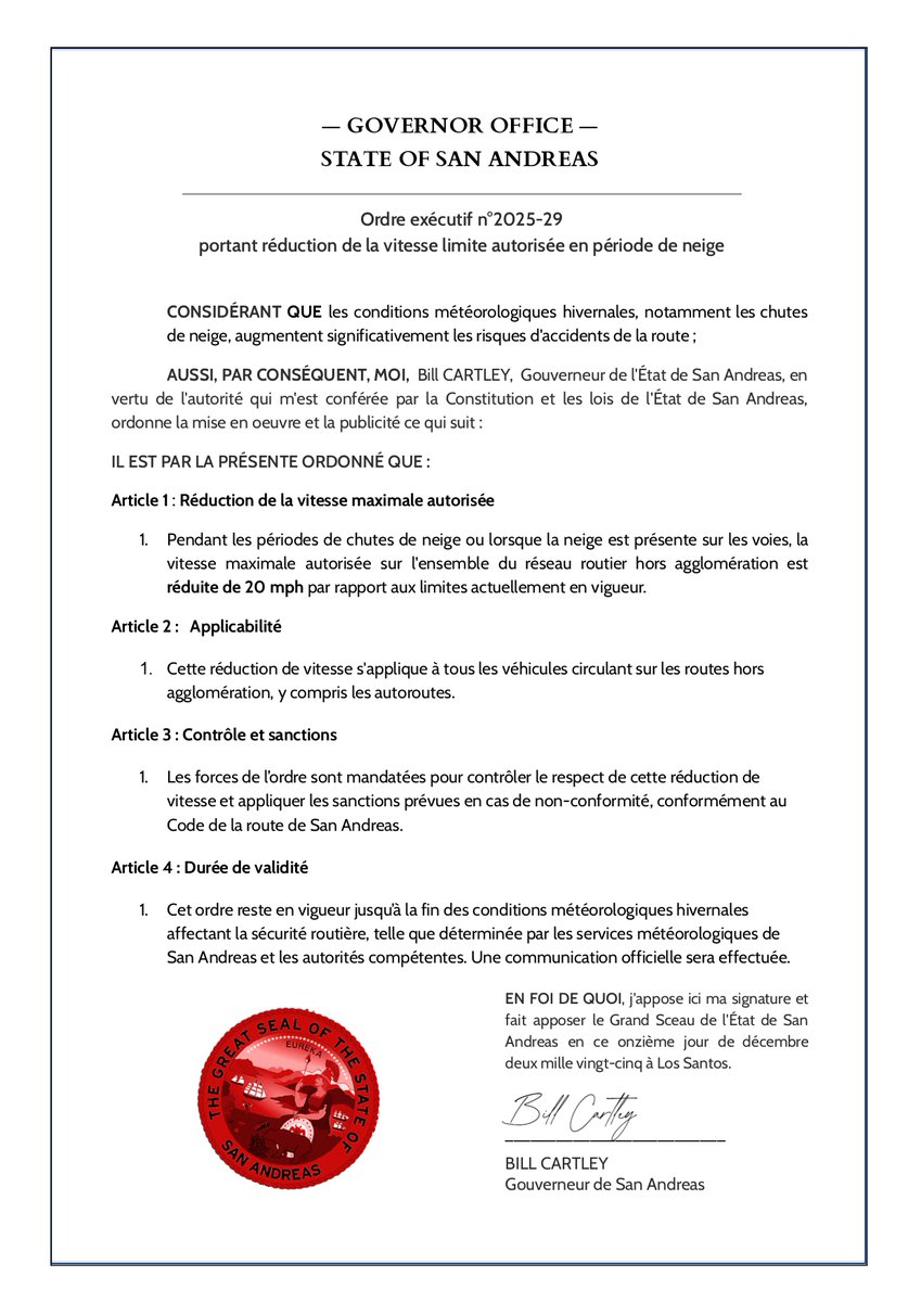 GouvernementSA's tweet photo. Ce jour, à 18h40, le Gouverneur Cartley a signé l'ordre exécutif n°2025-29 portant ; réduction de la vitesse limite autorisée en période de neige https://t.co/nqrfeEOTNs