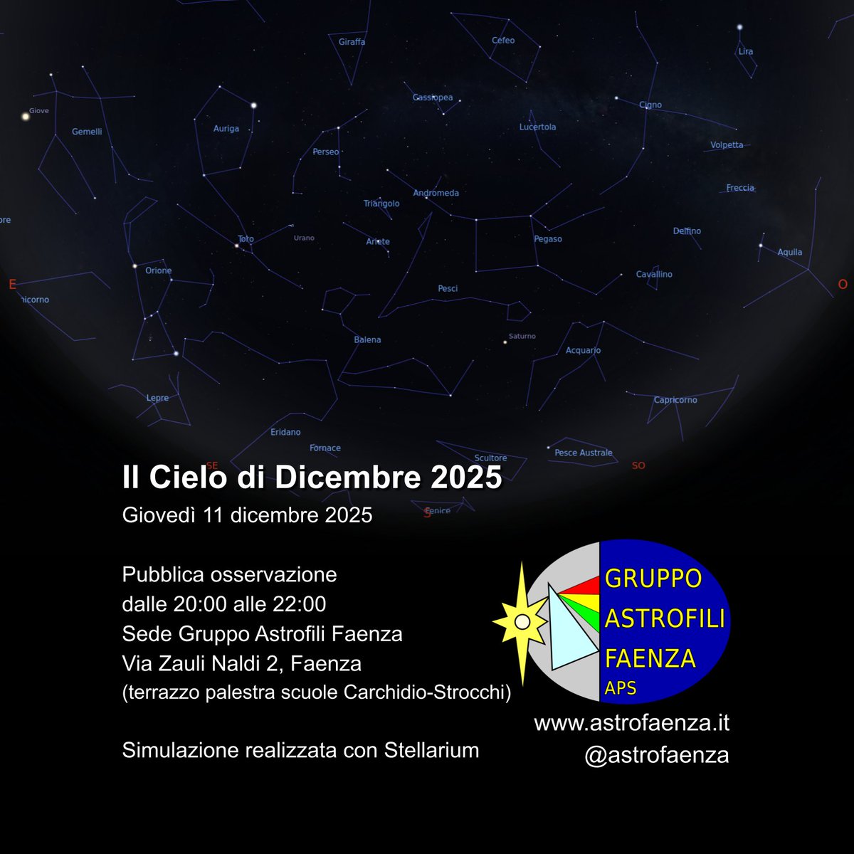Stasera, giovedì 11 dicembre, dalle 20, ci troviamo in sede (Via Zauli Naldi 2, Faenza) per osservare Saturno, Giove, la Galassia di Andromeda, le Pleiadi, la Nebulosa di Orione ed altre meraviglie del cielo, con i nostri telescopi e binocoli.