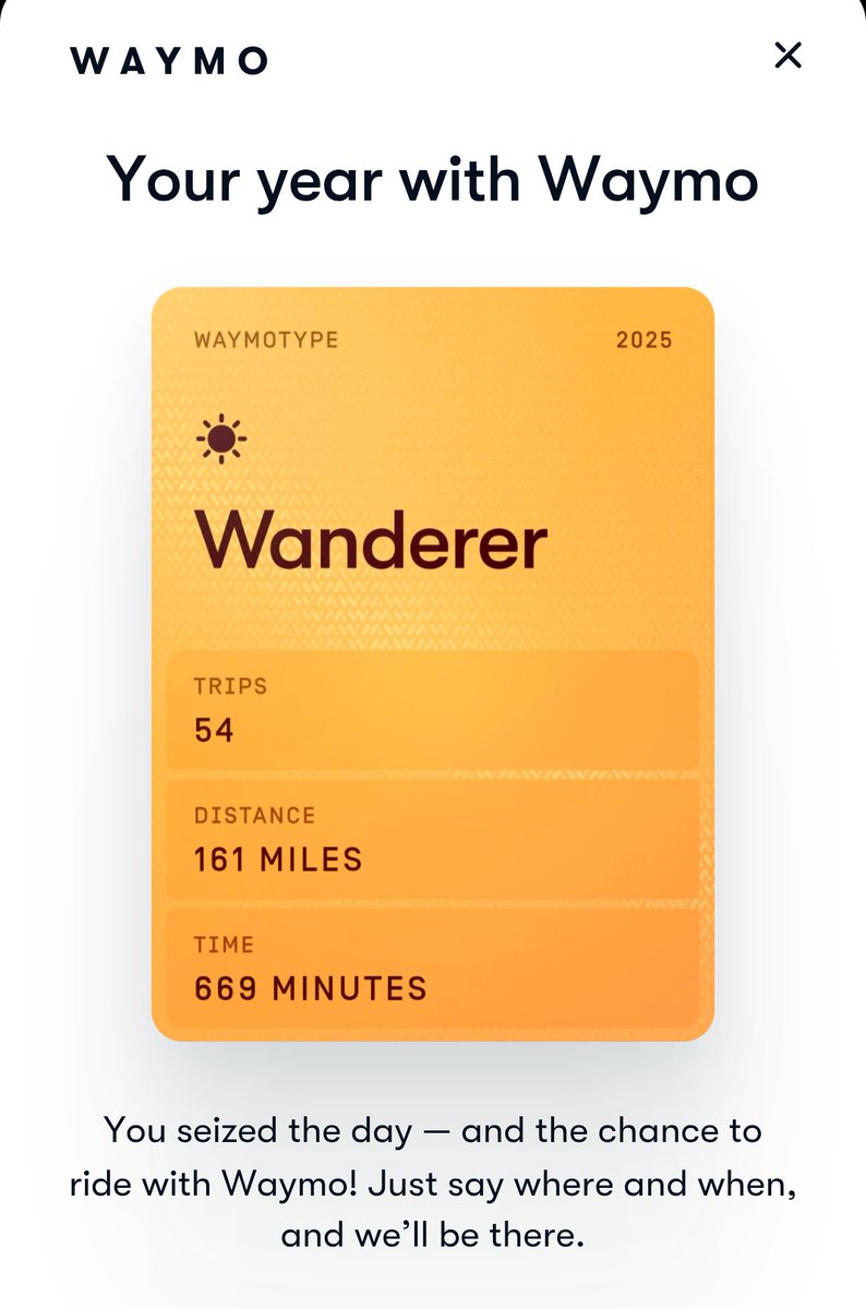 Looking forward to ramping this up! Pretty good, since I don't even live in a city (or even country!) that has <a href="/Waymo/">Waymo</a> service yet. #YearWithWaymo #Waymo