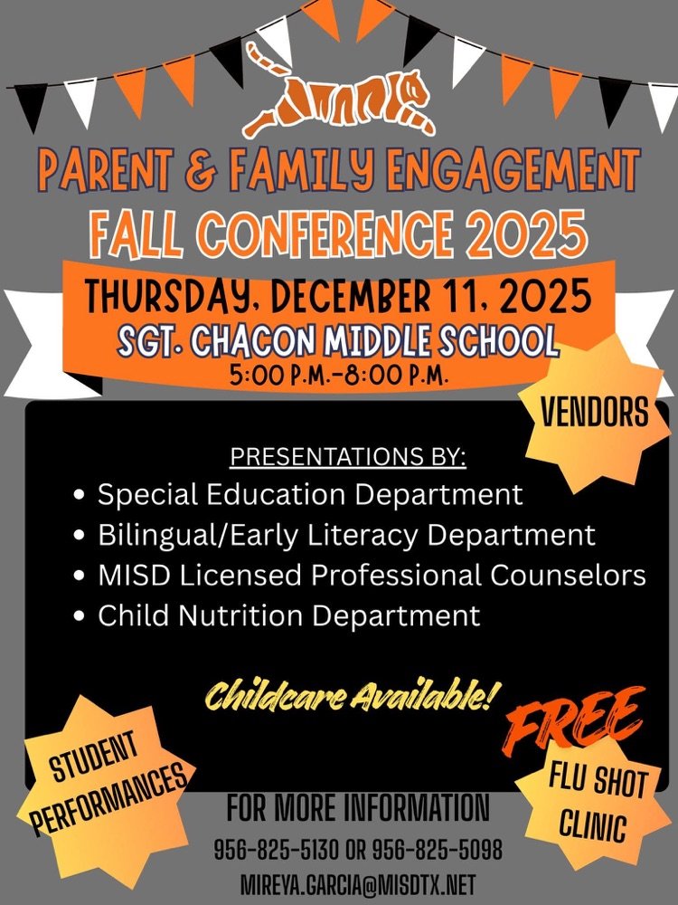 ChaconSgt's tweet photo. Join us tonight for our MISD Parent &amp; Family Engagement Fall Conference. 
Thursday, December 11th from 5pm - 8pm. We have vendors, student performances and so much more happening! We hope to see you here! https://t.co/Qz5lu9pRkb
