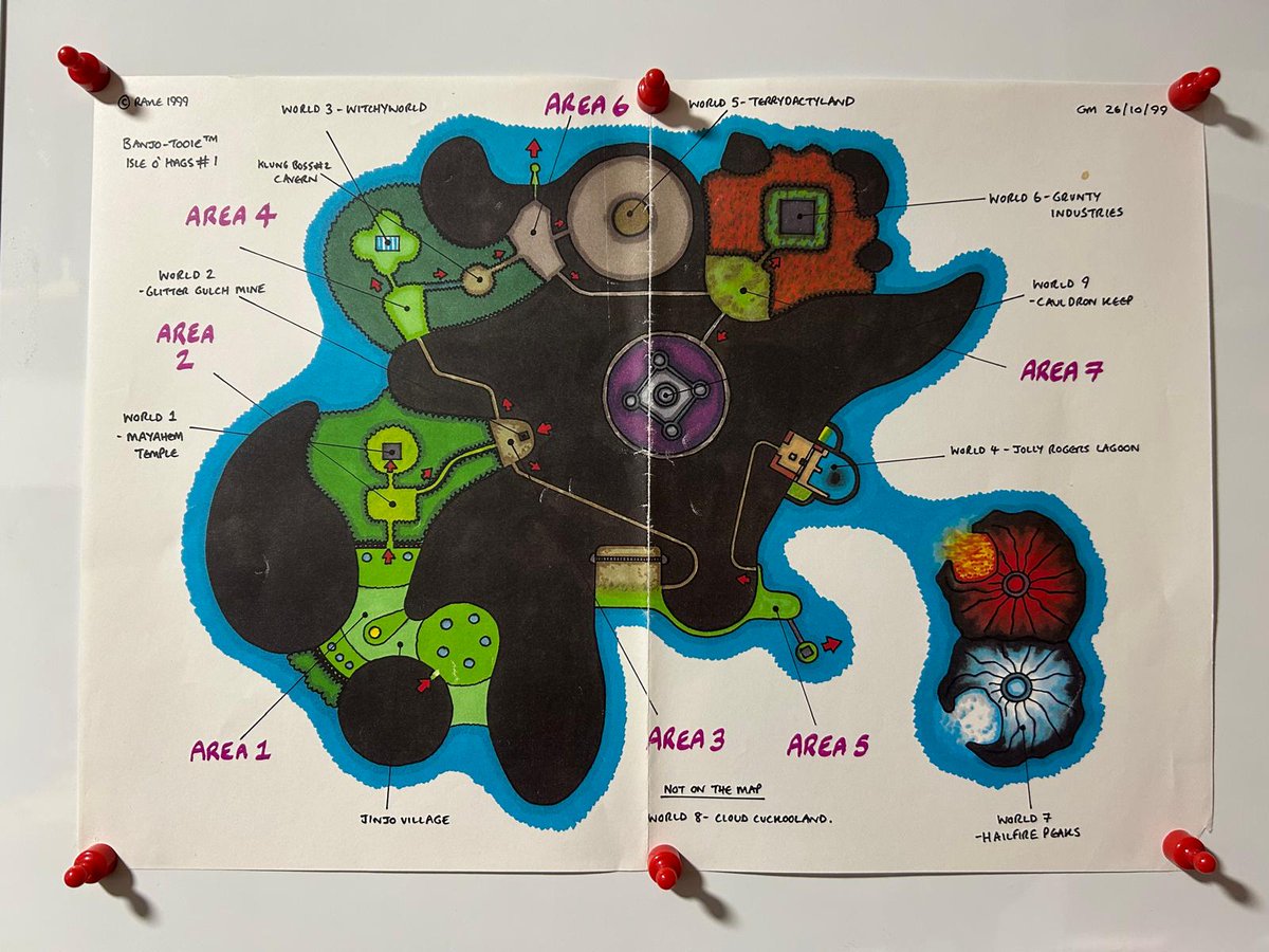 Ghoulyboy's tweet image. The final overworld design for Banjo-Tooie, along with one of the many work in progress pencil sketches