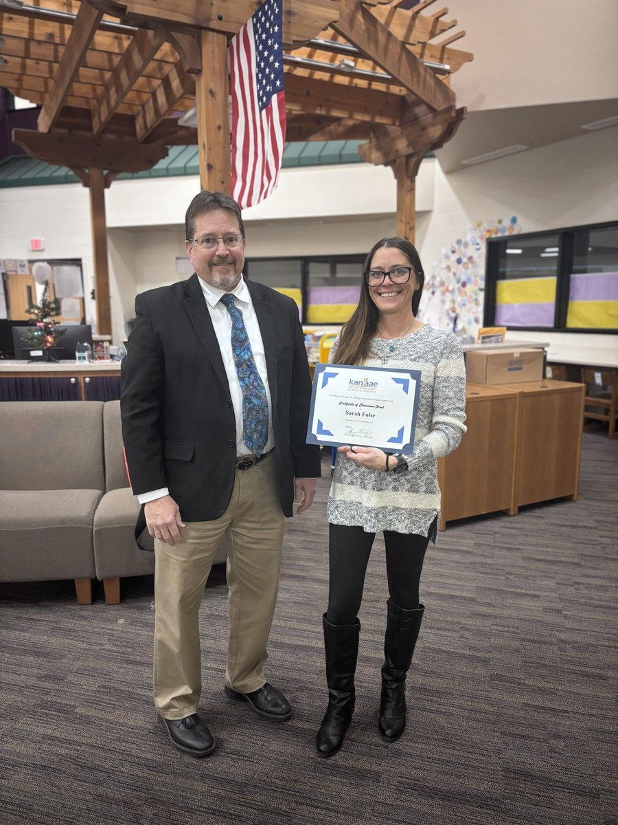 Congrats to Sarah Folse, SPED teacher at Hazel Grove ES, <a href="/kckschools/">Kansas City, Kansas Public Schools</a>. Sarah was awarded a <a href="/kanaaeorg/">Kansas Teachers</a> $500 Classroom Grant at a recent faculty meeting. She will purchase adaptive learning tools, sensory supports and flexible seating for her class. Reg Dir Bruce Major presented!