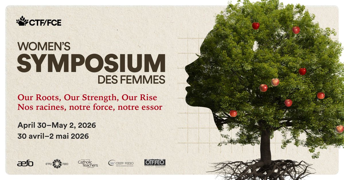 Our Roots, our Strength, our Rise! 🌳🕊️  
Mark your calendars for the 2026 #CTFFCE Women’s Symposium, co-hosted by <a href="/AEFO_ON_CA/">AEFO</a>  @etfoeducators <a href="/OECTAProv/">Catholic Teachers</a> <a href="/osstf/">OSSTF Communications</a> <a href="/otffeo/">OTF/FEO</a> ! 
🗓️ April 30 to May 2, 2026 
📍 Toronto, ON 
❓ More info: ctf-fce.ca/events/2026-wo…
*
*
*
Nos racines,