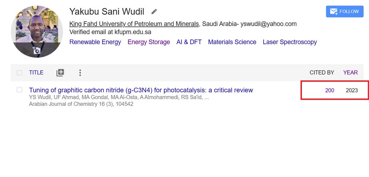 yakubwudil's tweet image. I am pleased to share that our paper on graphitic carbon nitride (g-C₃N₄) for photocatalysis has reached 200 citations within two years. This achievement highlights the impact of our work and the importance of strong multidisciplinary collaboration.

1/2