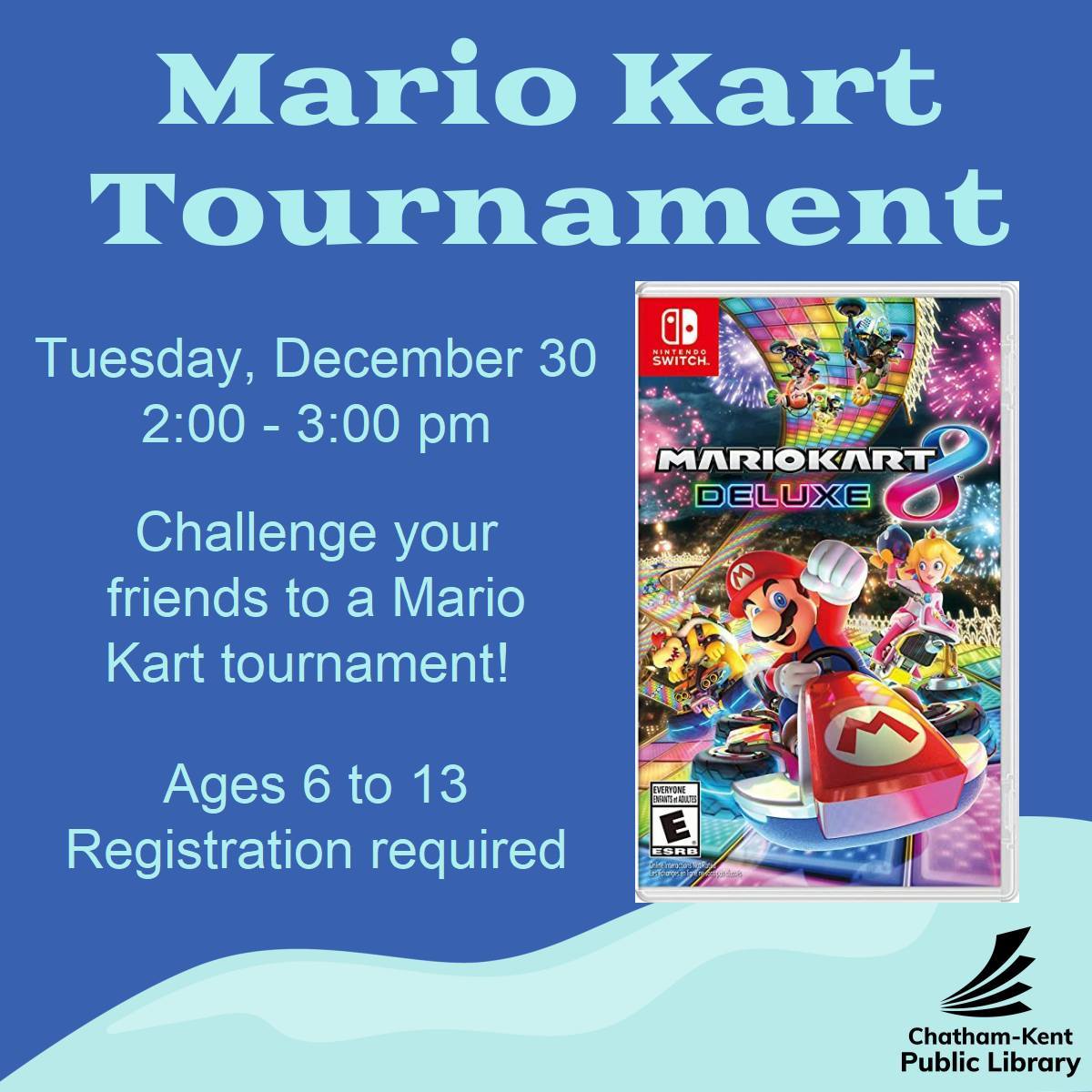Mario Kart Tournament at the Wallaceburg Branch of the Chatham-Kent Public Library on Tuesday, December 30, 2pm to 3pm.  Ages 6 to 13. Registration required. Spaces are limited.
#YourTVCK #CKont #CKPL #TrulyLocal #Wallaceburg