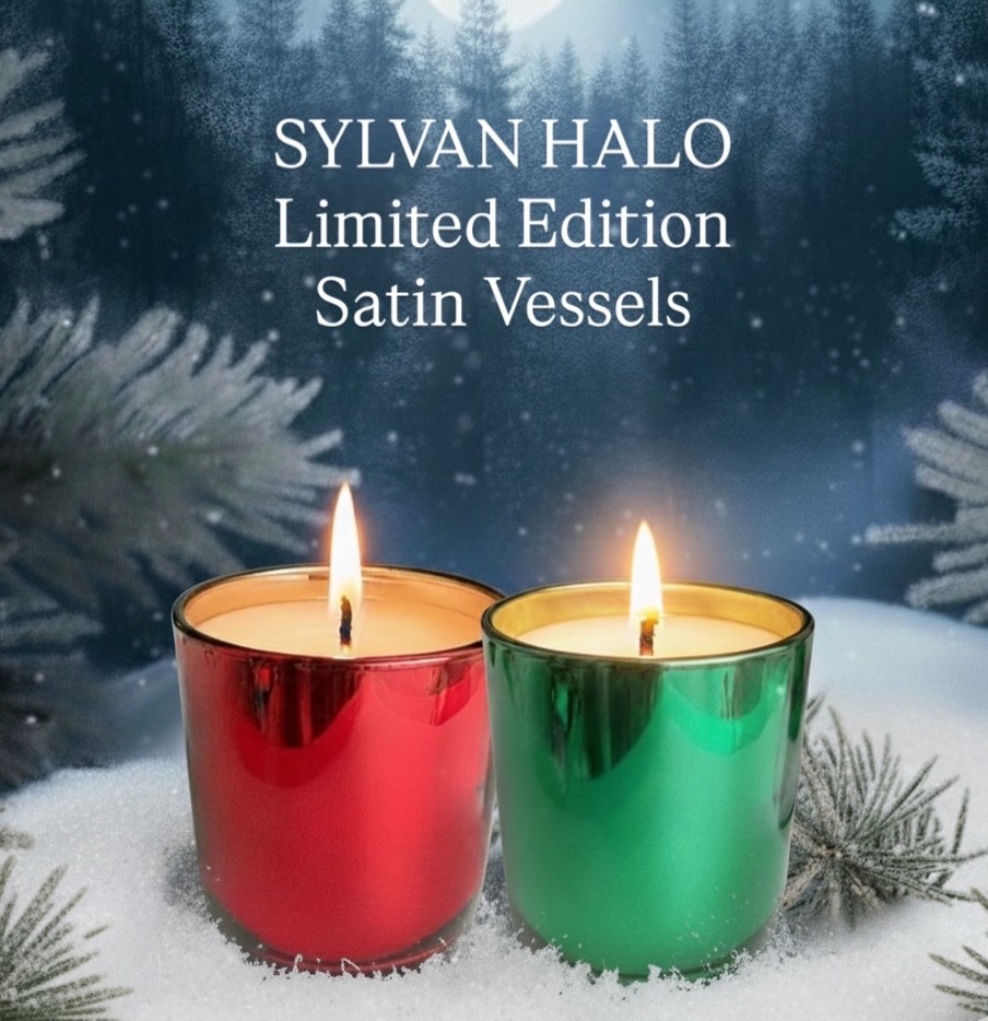SYLVAN HALO - We have very limited quantities available of these gorgeous red and green satin vessels. Filled with the scent of the season 🎄our beautiful Sylvan Halo (Frasier Fir) fragrance, a luminous forest blend of clarity, calm, and cosmic depth.