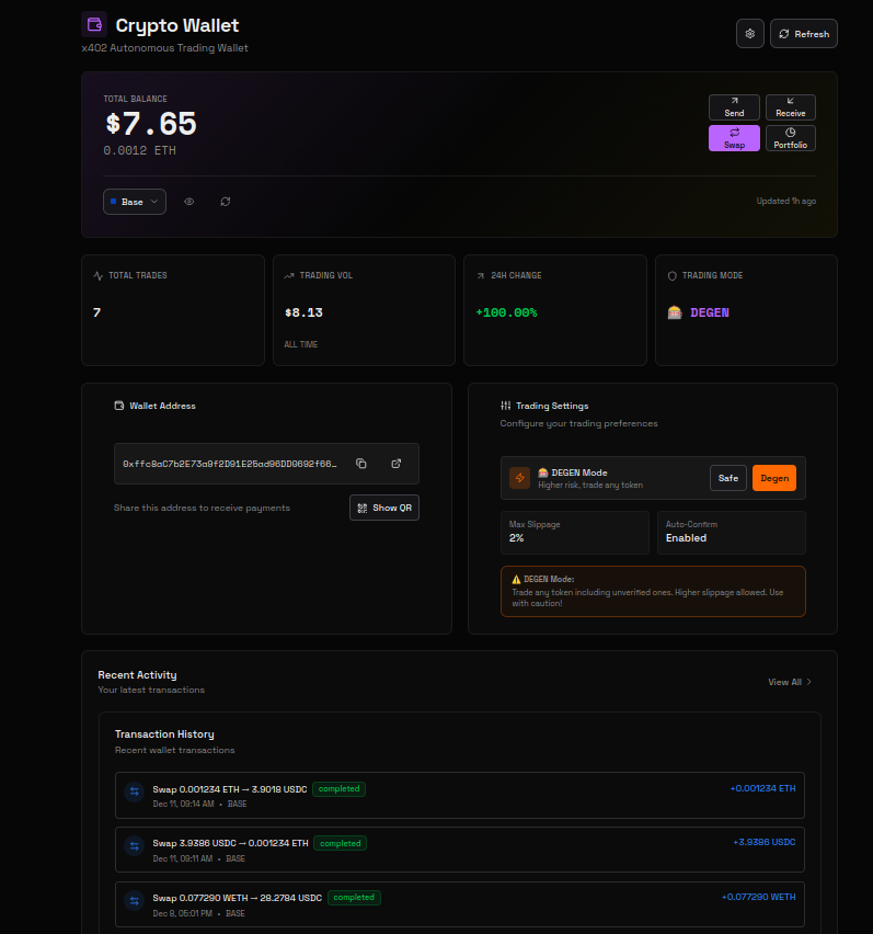 Vibe_AI_dev's tweet photo. Dev logs: (Visual style)

VIBE Wallet v2.0 | Dec 11, 2025
UI connected, users can monitor their AI agents' trading performance, track profitability, and manage crypto assets. This is where agents bring you Wife changing money.

NOTE: degen mode is meant for professionals, agent has full control of wallet and can do difficult yield farming and other top level operations on chain.

What's Possible in Degen Mode: Token Swaps,  Staking Automated staking & rewards tracking,  Lending, Yield Optimization

All on Ethereum + Base mainnet. Adding others later