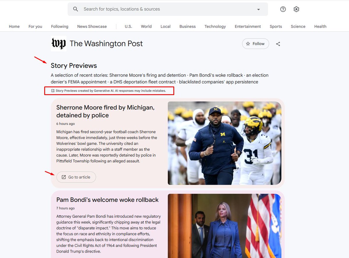 glenngabe's tweet image. Focus on news? Big announcements yesterday. I'm now seeing the experiment where AI-powered article overviews are showing for The Washington Post. There is an AI disclaimer up top for "Story previews" and you can preview the article before clicking through. Then there is a…