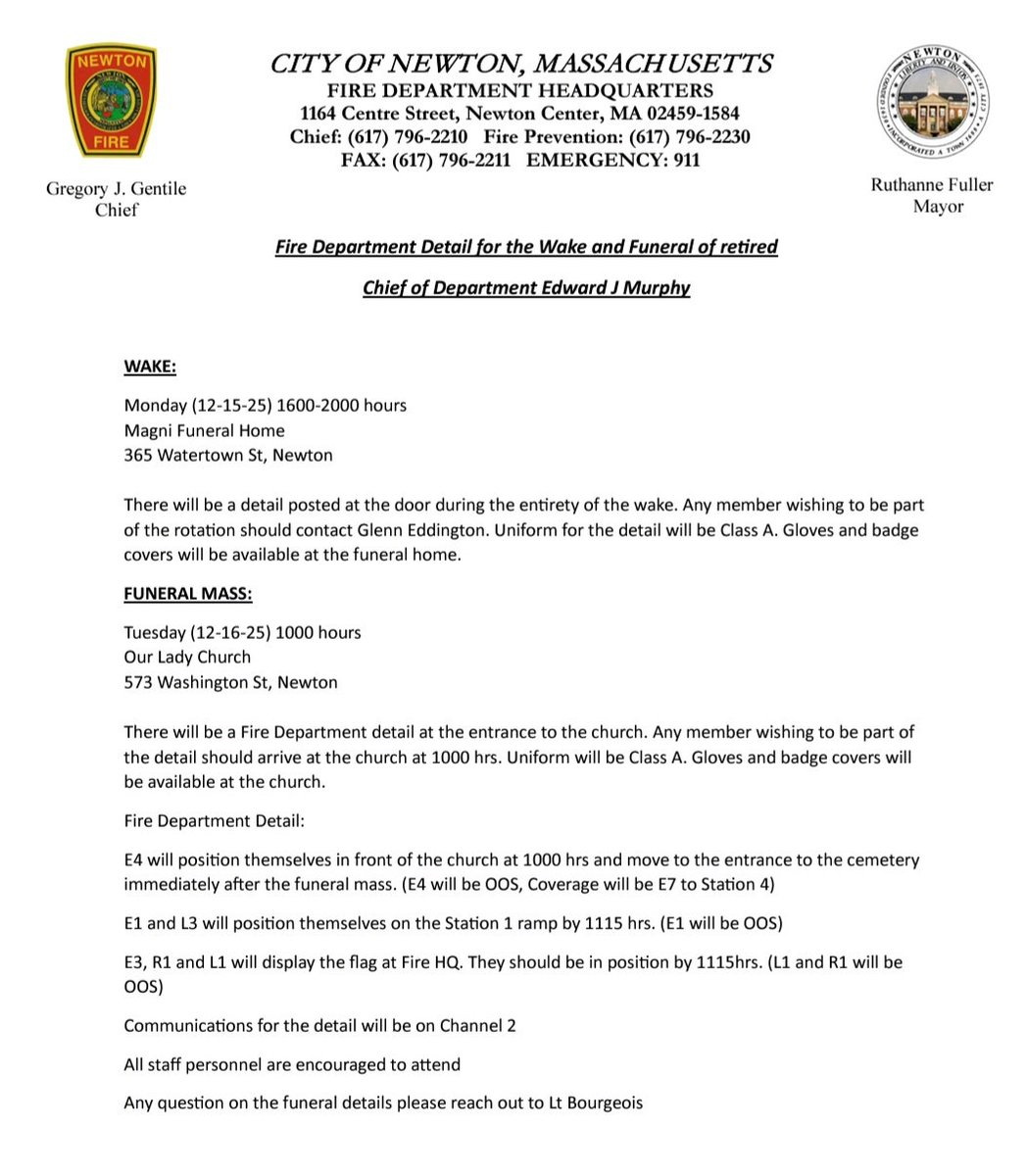 Chief of Department Ed Murphy (ret) Past away. 

A GREAT MAN... Thank you for your leadership...