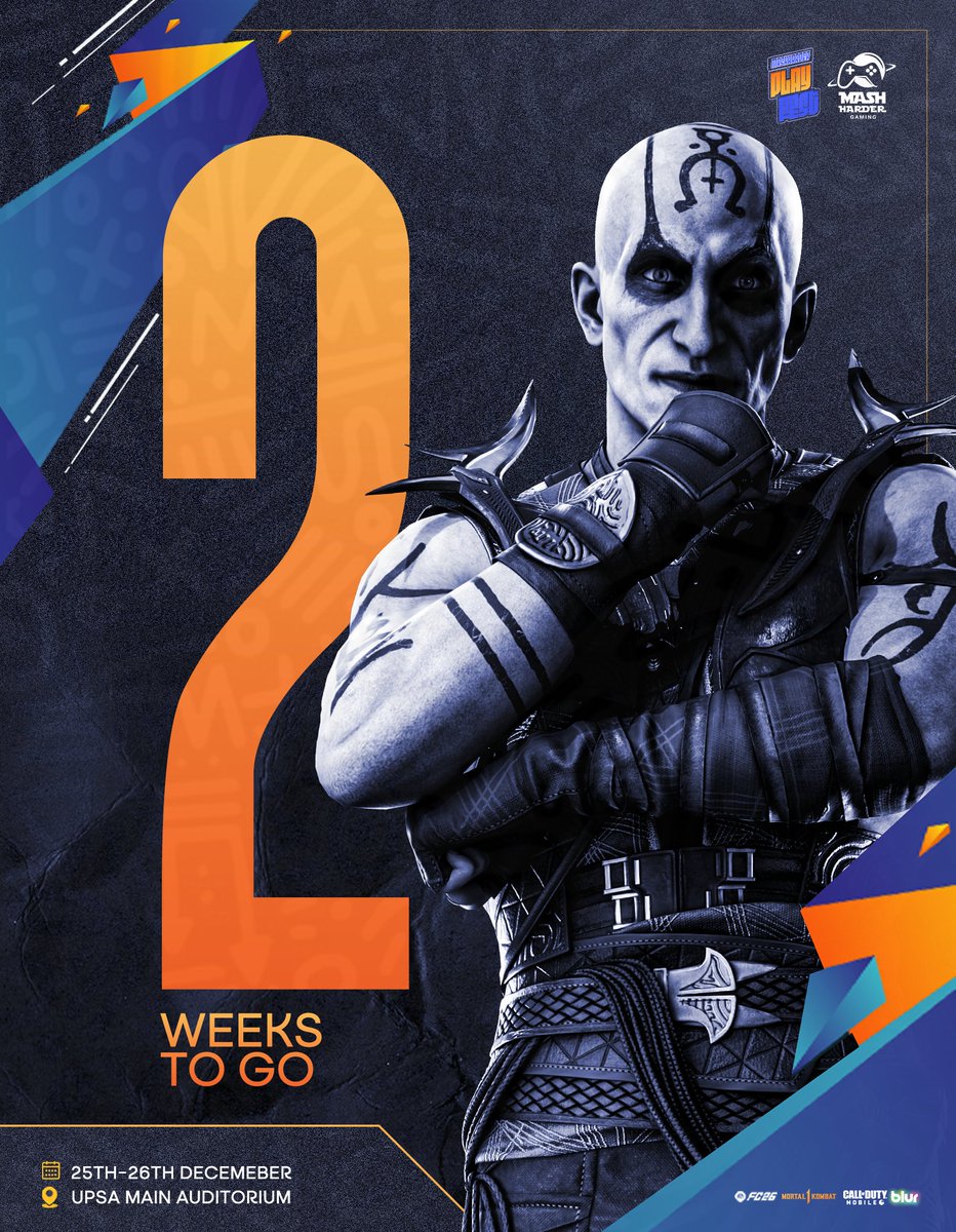 mashhardergg's tweet photo. ⏳ 2 WEEKS TO GO!
The countdown has officially begun — Mash Harder PlayFest is almost here, and the arena is about to explode with pure competitive energy! ⚔️🔥

From FC26 to Mortal Kombat 1, COD Mobile, Blur and more, the battles are about to get REAL.

📅 25th–26th December
📍 UPSA Main Auditorium

Get ready. Stay locked in. It’s almost time. 🎮🚀
#MashHarder #PlayFest #Esports #MK1 #EAFC26 #CODM