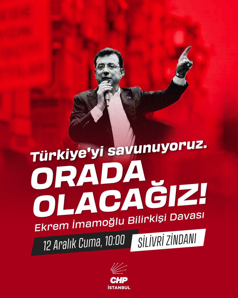Türkiye'yi savunuyoruz!
 
Cumhurbaşkanı adayımız Ekrem İmamoğlu'nun  bilirkişi dosyasına ilişkin ceza davasını takip etmek için Silivri'de olacağız.
 
12 Aralık Cuma | 10.00
İstanbul 2. Asliye Ceza Mahkemesi
(Silivri Cezaevi Duruşma Salonu)