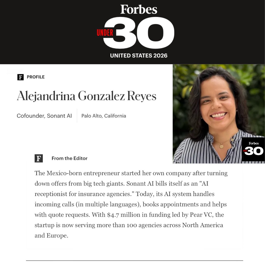 StBrendanHigh's tweet image. #sabresinthenews Huge congratulations to Alejandrina González-Reyes ‘16, for being named to Forbes “30 Under 30 – AI”. Alejandrina is the Co-Founder and CTO of Sonant AI, a company revolutionizing the insurance industry with human-like AI receptionists.