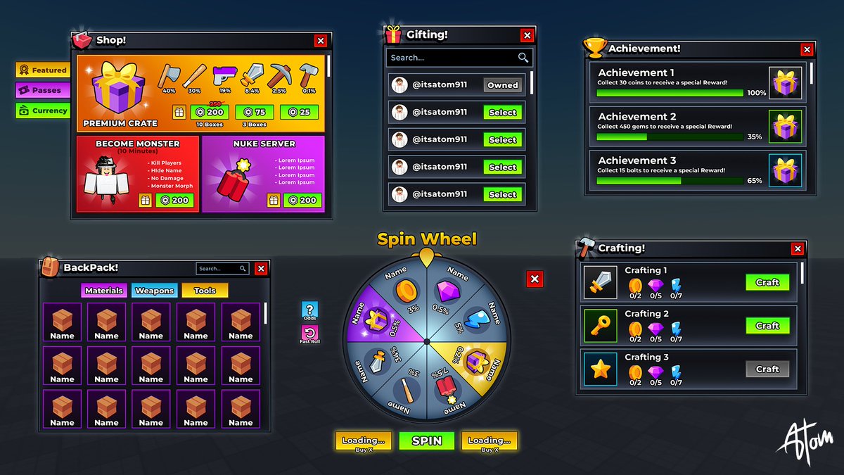 itsatomhere's tweet image. Take a look at my recent work! 🤩✨

Commissions OPEN! | Discord: itsatomhere
Portfolio: behance.net/itsatomhere

#Roblox #RobloxDevs #Robloxart #RobloxUI #UIDesign #Interface #UIUX