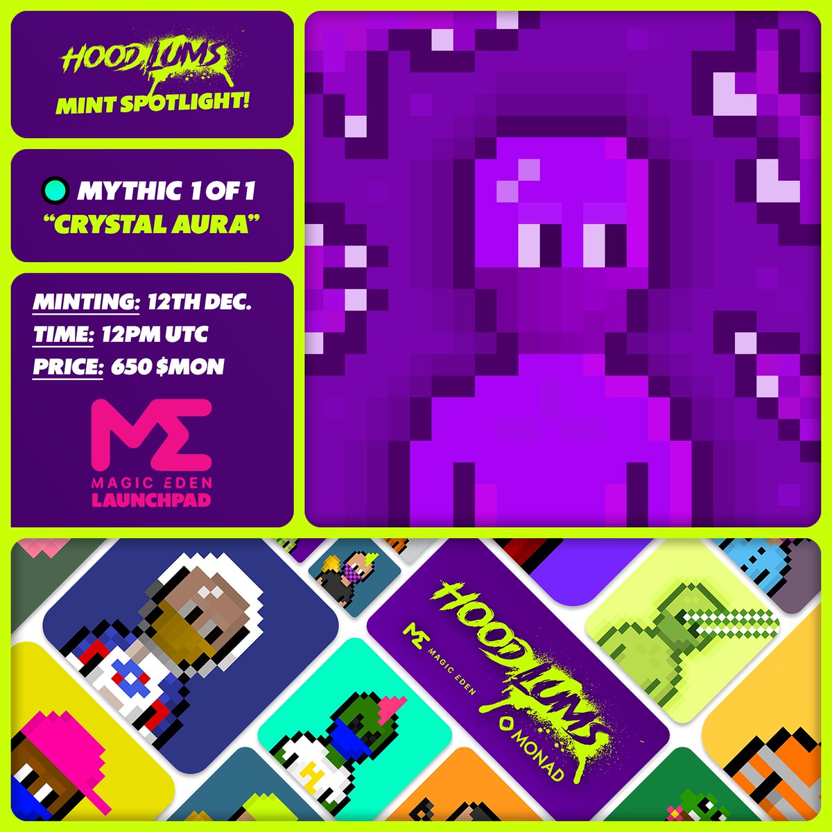 Sneak Peek at the Mythic "Crystal Aura" 1 of 1 from our <a href="/HoodlumsMonad/">Hoodlums</a> collection, minting TOMORROW, exclusively on <a href="/MagicEden/">Magic Eden 🪄</a> Launchpad! 🧢

Soft Staking + $HOOD token LIVE after reveal!

🔗  magiceden.io/launchpad/mona…