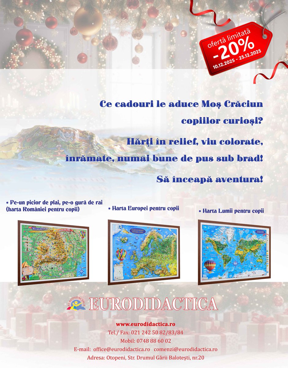 Eurodidactica's tweet photo. 🎄✨ Ce cadou mai potrivit pentru copiii curioși decât o hartă în relief, plină de culoare și aventură?

Profită de reducerea de -20% între 10–25 decembrie și fă-le celor mici un dar educativ și magic! ✨
👉 https://t.co/Kzbf1P4JGd

#eurodidactica https://t.co/CmArq4Xhk7