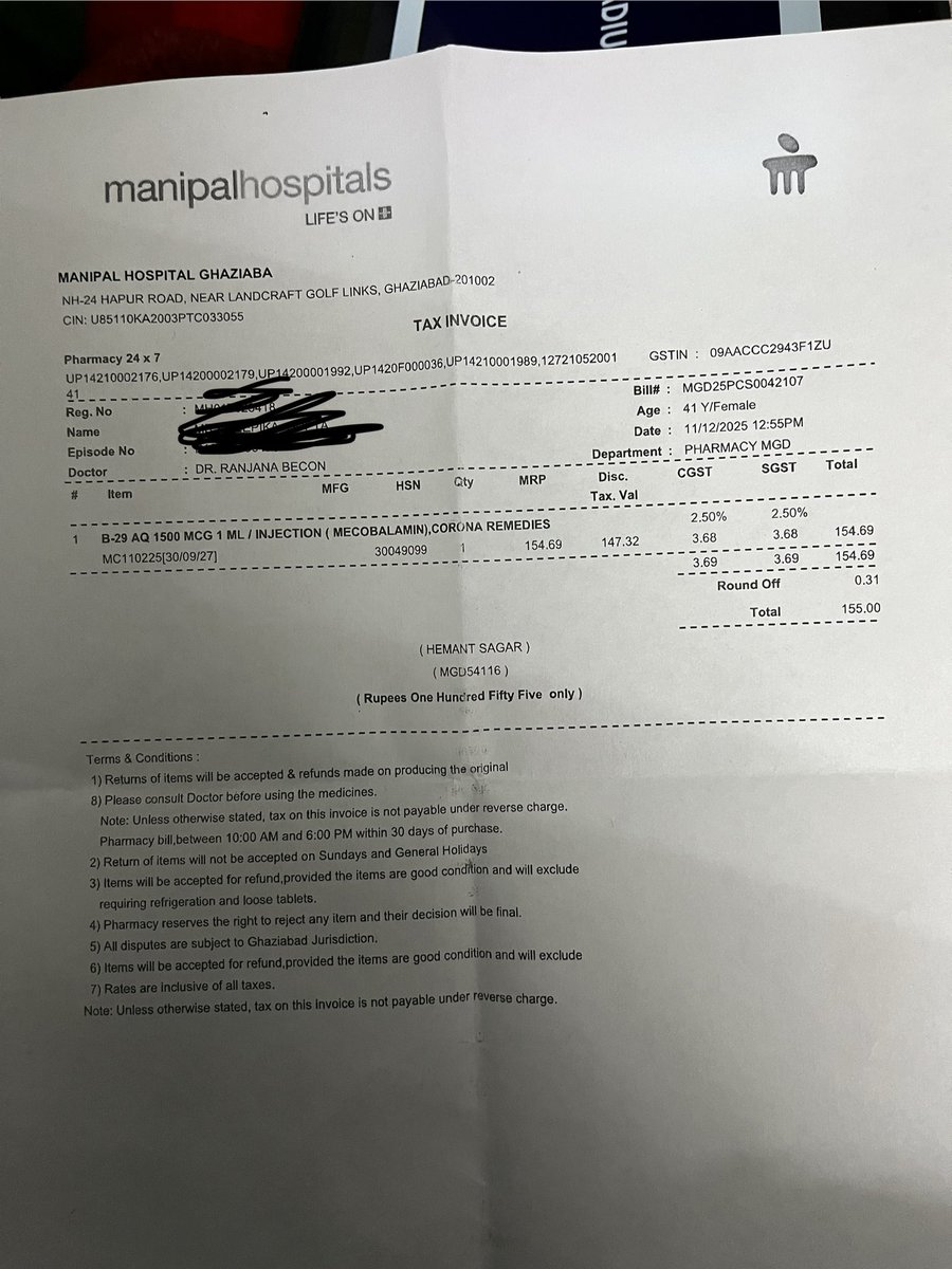 arora15putter's tweet photo. @ManipalHealth @manipal_global One more bill for today .. LOOT MACHA RAKHI HAI https://t.co/wgev02EacF