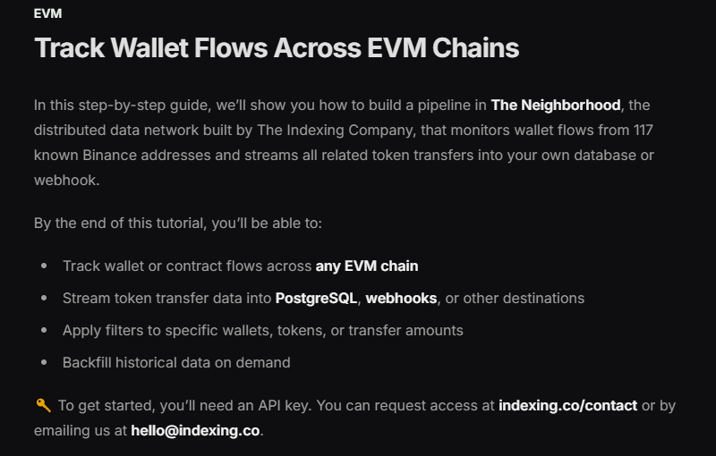 5 easy to setup a pipeline tracking wallets directly to your own database or webhook.

The example uses Binance addresses, but can quickly be applied to any business in need of their own or user wallets data to stream like payment providers.

Start here: docs.indexing.co/examples/evm_w…