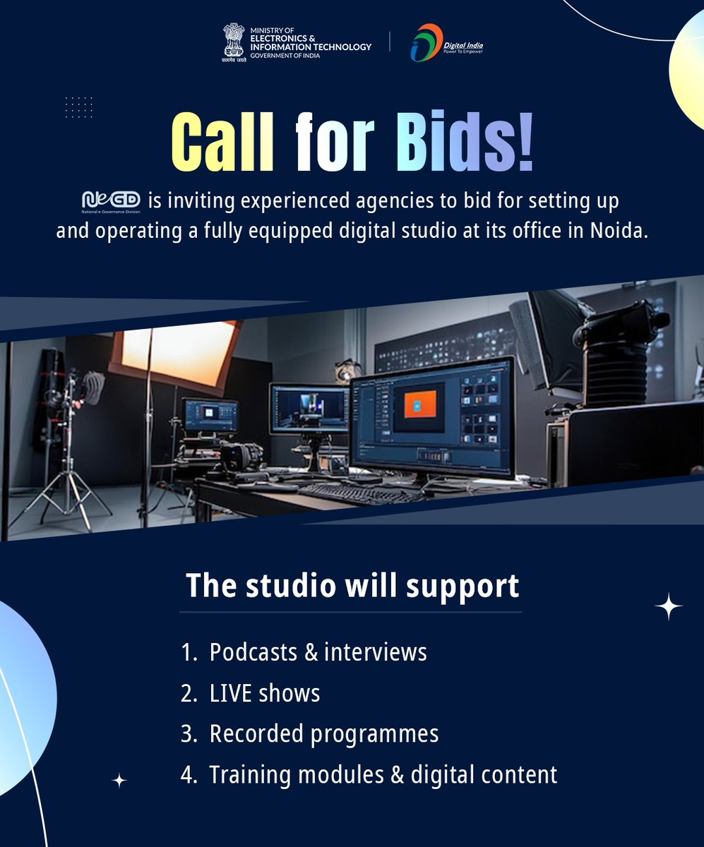 _DigitalIndia's tweet photo. A Request for Proposal (RFP) titled "Supply, Installation and Studio Setup and Support" is now live on the GeM portal.
 Bid ID: GEM/2025/B/6913950
Revised Timeline:
Last date for submission of queries: 12th December 2025
Last date for bid submission: 22nd December 2025 https://t.co/kliJSpWFSP