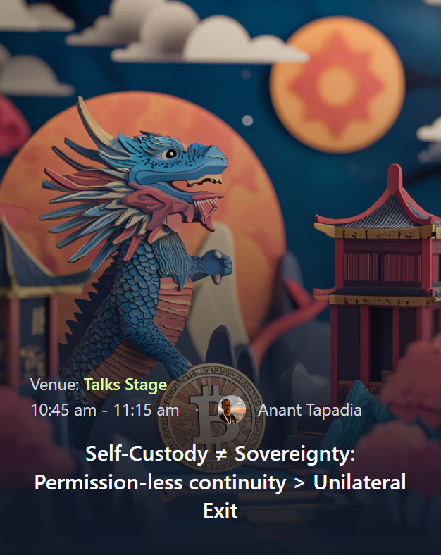 btcplusplus's tweet image. 2nd at Bitcoin++ Taipei is @anant_tap!🥳

A computer engineer building @bitcoinkeeper_ &amp;amp; contributing to @Bitcoin4India

He Claims: Self-Custody ≠  Sovereignty!

He explores Unilateral Exists, Permissionlessness, and uses real world examples to back up his point.

Great ready🍿