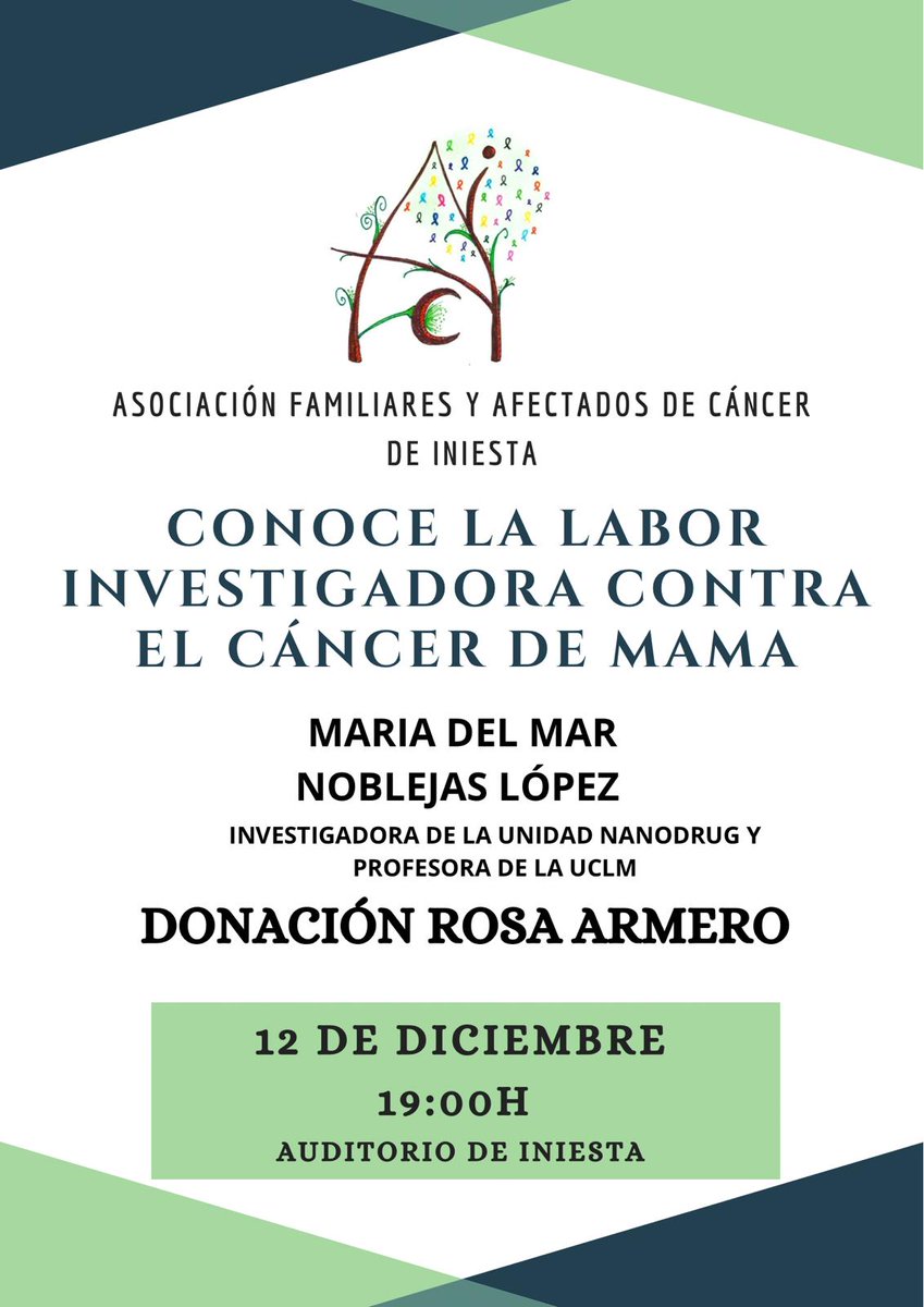Conoce la investigación contra el cáncer de mama de primera mano con la investigadora y profesora de la UCLM, María del Mar Noblejas López.

La asociación hará entrega de la Donación Rosa Armero destinada a la investigación contra el cáncer.

📌Auditorio
📆Viernes 12
🕘19h