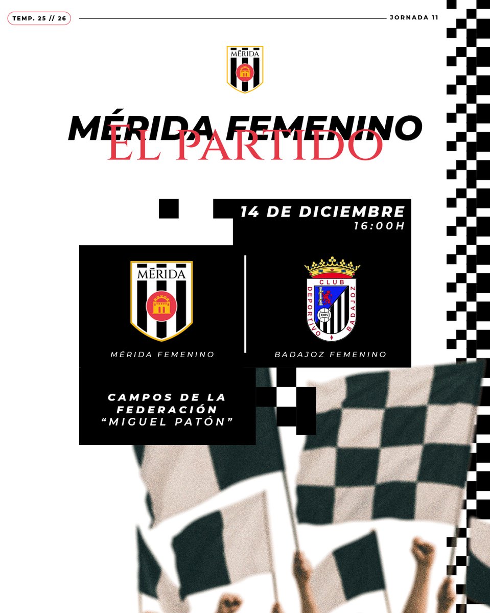 ⚪️⚫️ 𝐄𝐋 𝐏𝐀𝐑𝐓𝐈𝐃𝐎 | #MéridaFemenino

🆚 <a href="/CDBFemenino/">CD Badajoz Femenino</a> 
⏰ 16:00h
📅 Domingo, 14 de diciembre
🏟️ Campos de la Federación 'Miguel Patón'

🙌🏼 ¡Vamosa por el derbi, romanas! ⚪️⚫️