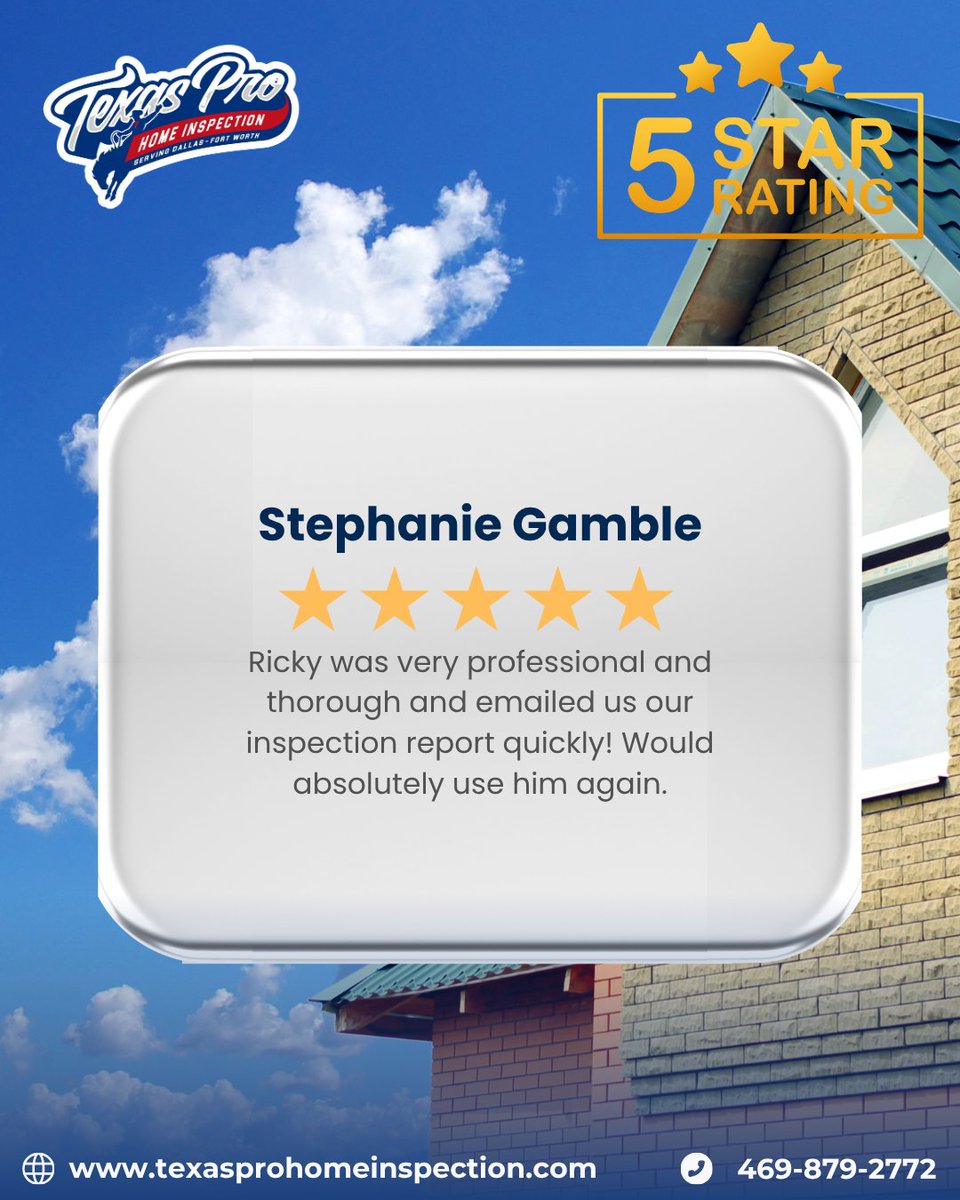 TexasProHomeIns's tweet photo. ⭐ 5-Star Review from Stephanie Gamble! ⭐

"Ricky was very professional and thorough, and he emailed us our inspection report quickly! We would absolutely use him again."

🔑 Schedule your inspection today!

📞 469-879-2772
🌐 https://t.co/Ui0ICu27Pv https://t.co/aAAFt5QfH5