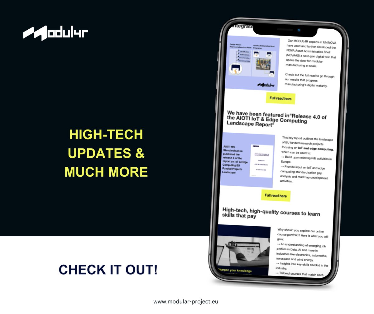 Modul4r_project's tweet image. You asked for it. We delivered it! 

Our latest news wrap-up has landed!

Here&apos;s your quick digest:

→ New online workshop just around the corner
→ Opening the door for modular #manufacturing at scale
→ We are featured in &quot;Release 4.0 of the AIOTI #IoT &amp;amp; #EdgeComputing…