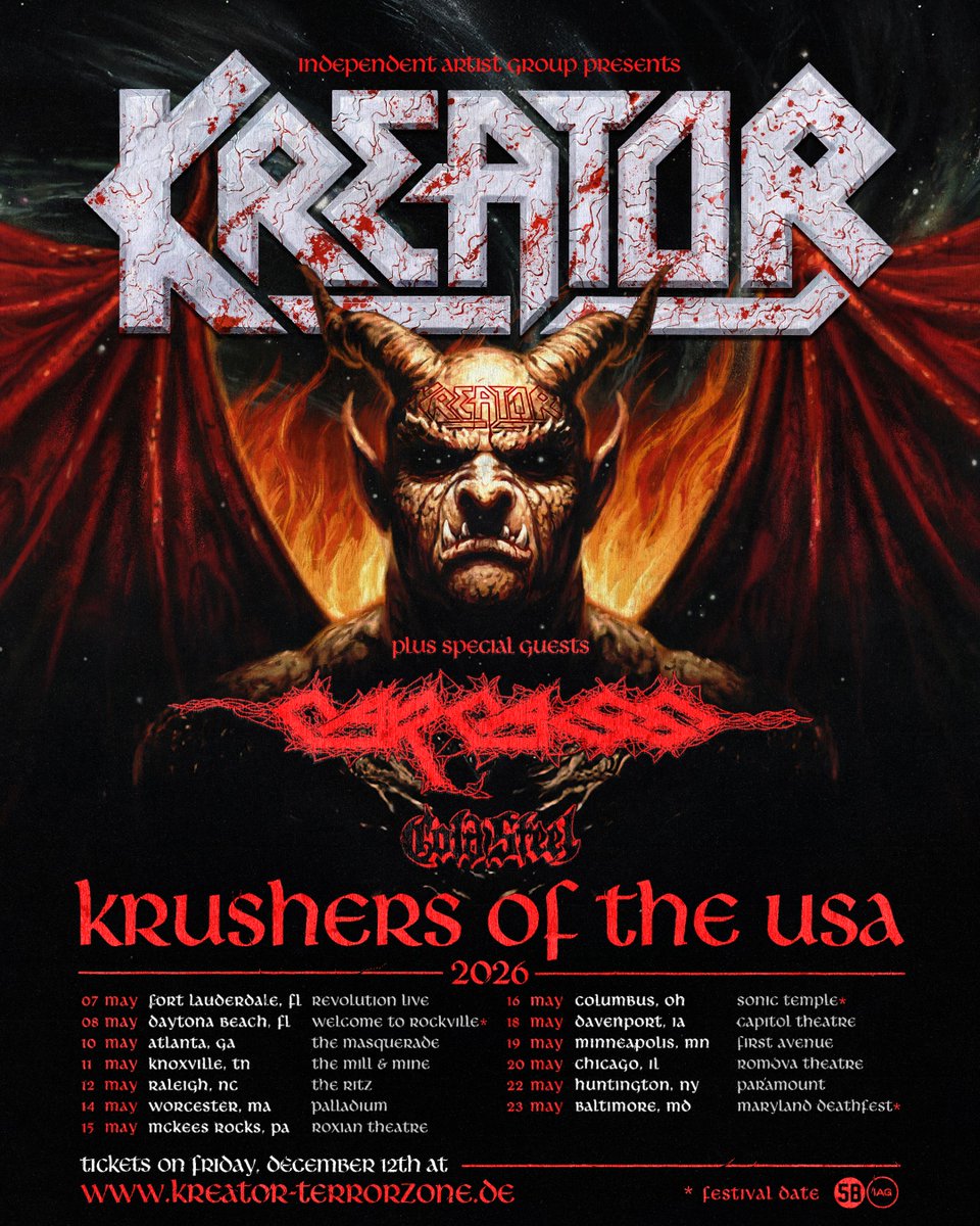 kreator's tweet image. Krushers Of The USA 🇺🇸
With special guests Carcass and Cold Steel

Tickets and limited VIP upgrades on sale now 🎟️
kreator-terrorzone.de/kotusa