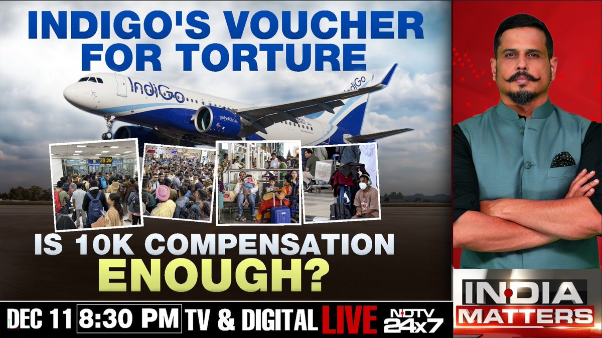 ShivAroor's tweet image. Is IndiGo fooling passengers with its compensation announcement? Is the Govt doing enough to hold IndiGo to account?

8.30pm, @ndtv