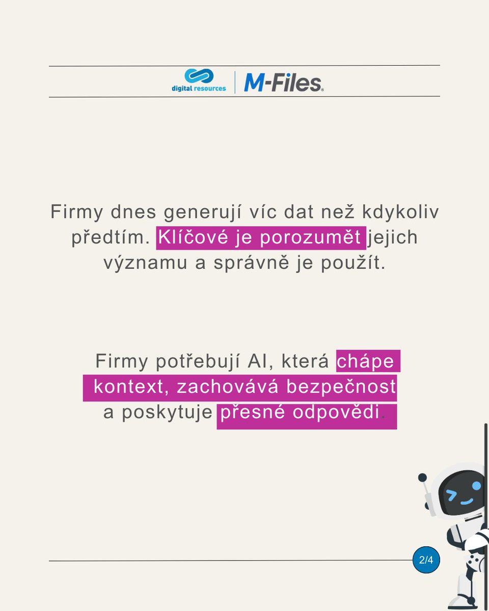 Digres_cz's tweet image. Firmy generují obrovské množství dat, a právě AI Vám je pomůže správně využít a zjednodušit procesy.
✅Shrnutí dokumentů
✅Třídění informací
✅Vytěžování klíčových dat
Vyzkoušejte M-Files s AI zdarma na e-dms.cz
#MFiles #Aino #knowledgeworkautomation #b2b #DMS