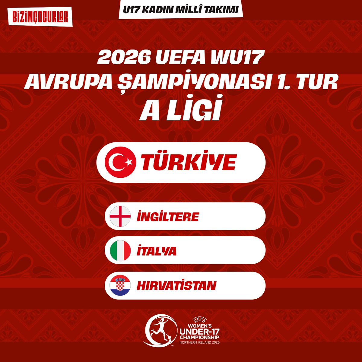 MilliTakimlar's tweet photo. 2026 UEFA WU19 Avrupa Şampiyonası 2. Tur B Ligi ile 2026 UEFA WU17 Avrupa Şampiyonası 1. Tur A Ligi kuraları bugün UEFA Genel Merkezi'nde çekildi ve Türkiye'nin her iki yaş kategorisindeki rakipleri belirlendi.

1. Tur B Ligi 4. Grup'tan lider olarak A Ligi'ne çıkan U17 Kız Millî Takımımız, İngiltere, İtalya ve Hırvatistan ile eşleşti. Maçlar 13, 16 ve 19 Mart 2026 tarihlerinde Hırvatistan'da oynanacak.

B Ligi'nde mücadele edecek U19 Kadın Millî Takımımız da Arnavutluk, Karadağ ve Lihtenştayn ile eşleşti. Karşılaşmalar Arnavutluk'un ev sahipliğinde 9, 12 ve 15 Nisan 2026 tarihinde yapılacak.

Türkiye'yi kura çekiminde Kadın Millî Takımlar İdari Sorumlusu Işık Özaydın temsil etti.