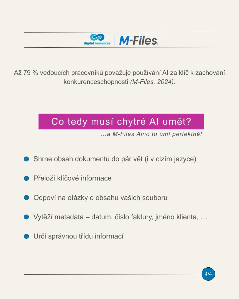 Digres_cz's tweet image. Firmy generují obrovské množství dat, a právě AI Vám je pomůže správně využít a zjednodušit procesy.
✅Shrnutí dokumentů
✅Třídění informací
✅Vytěžování klíčových dat
Vyzkoušejte M-Files s AI zdarma na e-dms.cz
#MFiles #Aino #knowledgeworkautomation #b2b #DMS