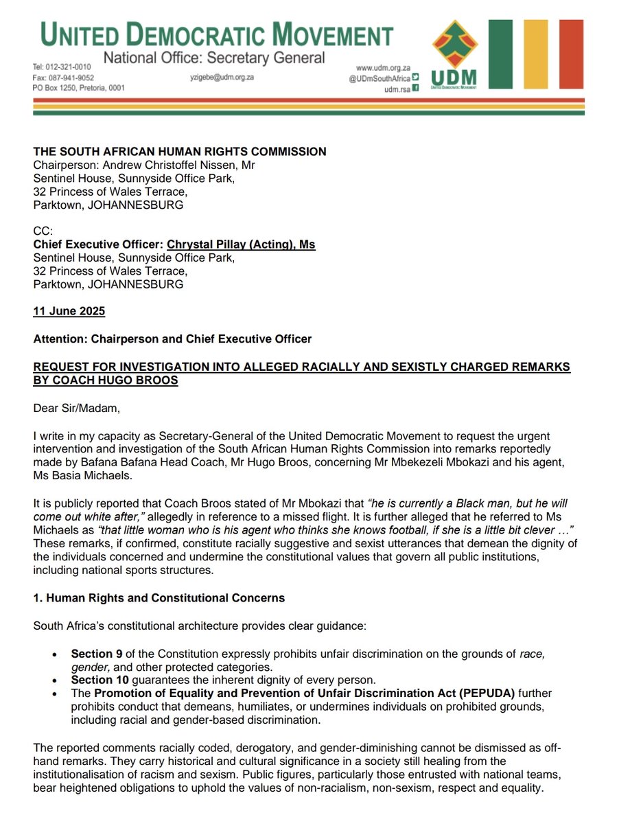 MDNnewss's tweet photo. Breaking news 

The UDM has urged the South African Human Rights Commission to look into remarks made by Bafana Bafana coach Hugo Broos regarding Mbekezeli Mbokazi and his agent, Basia Michaels. https://t.co/KYbfUKiFzF
