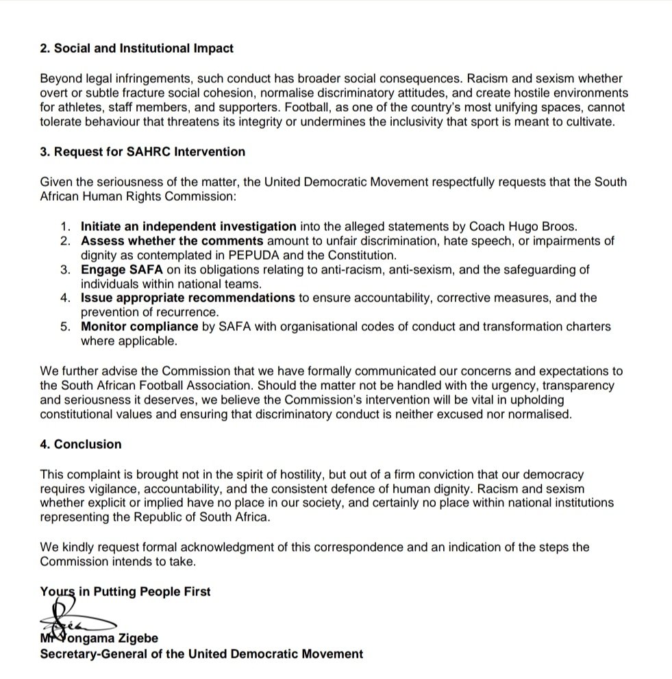 MDNnewss's tweet photo. Breaking news 

The UDM has urged the South African Human Rights Commission to look into remarks made by Bafana Bafana coach Hugo Broos regarding Mbekezeli Mbokazi and his agent, Basia Michaels. https://t.co/KYbfUKiFzF