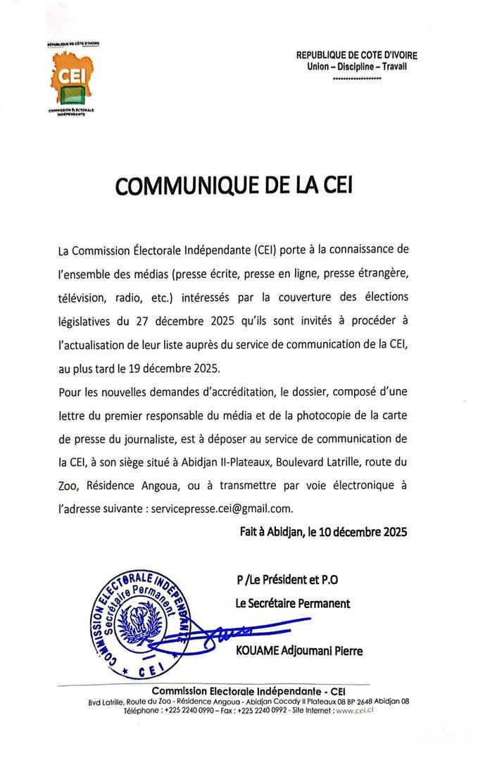macei_ci's tweet photo. Communiqué de la Commission Électorale Indépendante (CEI) relatif aux demandes d’accréditation des médias pour la couverture des élections législatives du 27 décembre 2025

#CEI #legislatives2025
#electionci2025 #electionapaisee #edan
#cei_ci https://t.co/b58R7aUGAA