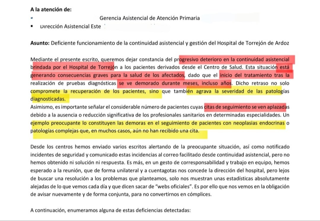 apsemueve's tweet photo. 🧵 "Queremos dejar constancia del progresivo deterioro n la  continuidad asistencial brindada x  #HospitalTorrejón a pactes derivados desde Centro d Salud ➡️ ESTÁ GENERANDO CONSECUENCIAS GRAVES PARA SALUD D AFECTADOS❗️
Así empezaban cartas d sanitarios a responsables @SaludMadrid https://t.co/5mpcUvzYQJ
