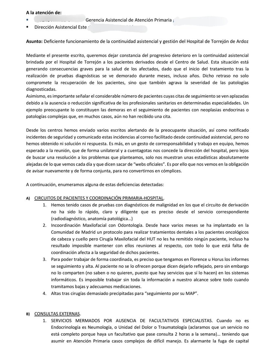apsemueve's tweet photo. 🧵 "Queremos dejar constancia del progresivo deterioro n la  continuidad asistencial brindada x  #HospitalTorrejón a pactes derivados desde Centro d Salud ➡️ ESTÁ GENERANDO CONSECUENCIAS GRAVES PARA SALUD D AFECTADOS❗️
Así empezaban cartas d sanitarios a responsables @SaludMadrid https://t.co/5mpcUvzYQJ