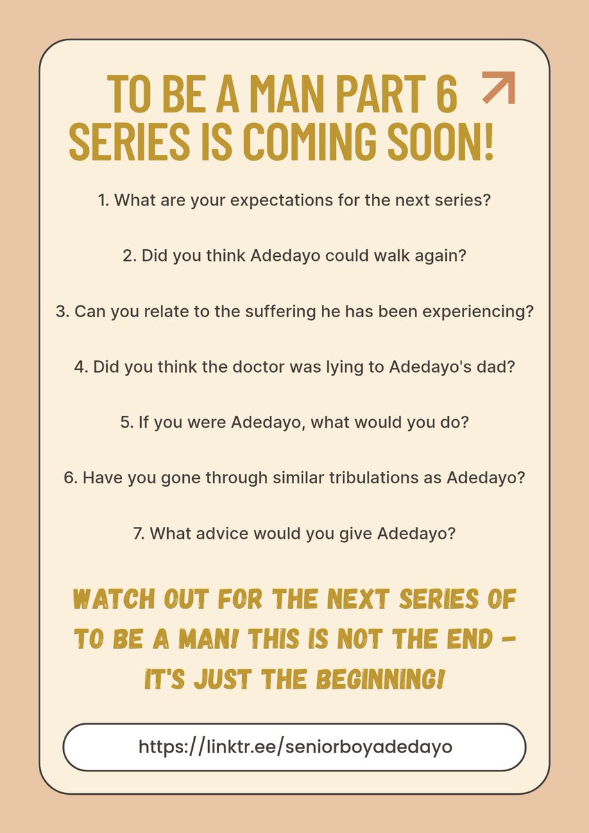 seniorboyade's tweet image. TO BE A MAN PART 6 SERIES IS COMING SOON!

Let us know your expectations and share your ideas with us using the hashtag: #TOBEAMAN #Series #Part6 #ComingSoon #seniorboyadedayo
 
Storipod: storipod.app/originals/9c13…

Wattpad: wattpad.com/story/40356081…

Support: chipper.me/seniorboyadeda…