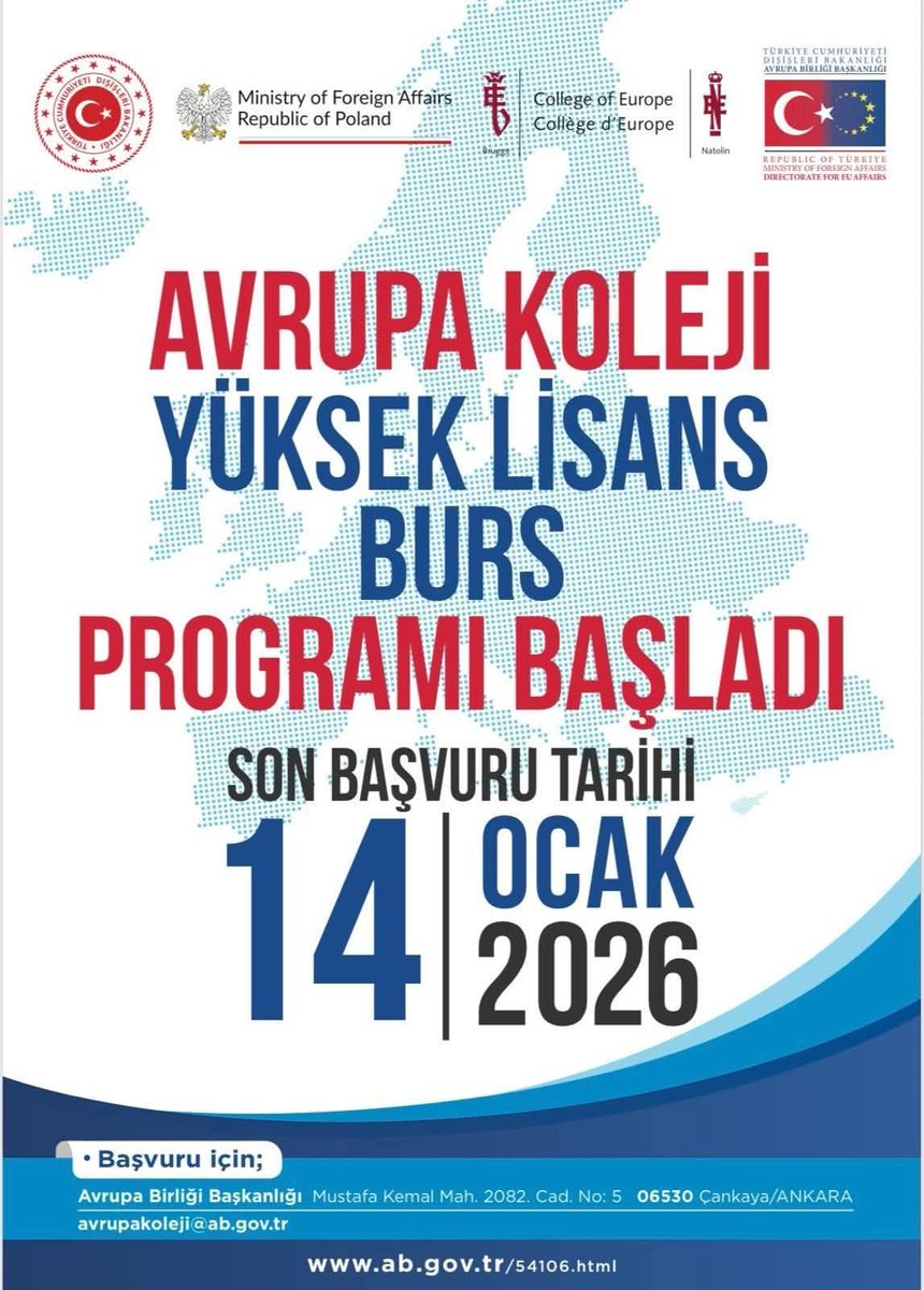 TC_DTODT's tweet photo. 📢 Türkiye Cumhuriyeti vatandaşları için 2026-2027 Akademik Yılı Avrupa Koleji Yüksek Lisans Burs Programı başvuruları başladı.

🛎 Son başvuru tarihi: 14 Ocak 2026

🔎 Ayrıntılı bilgi için: https://t.co/p3YDofgoJm https://t.co/lZQMz0KwqV
