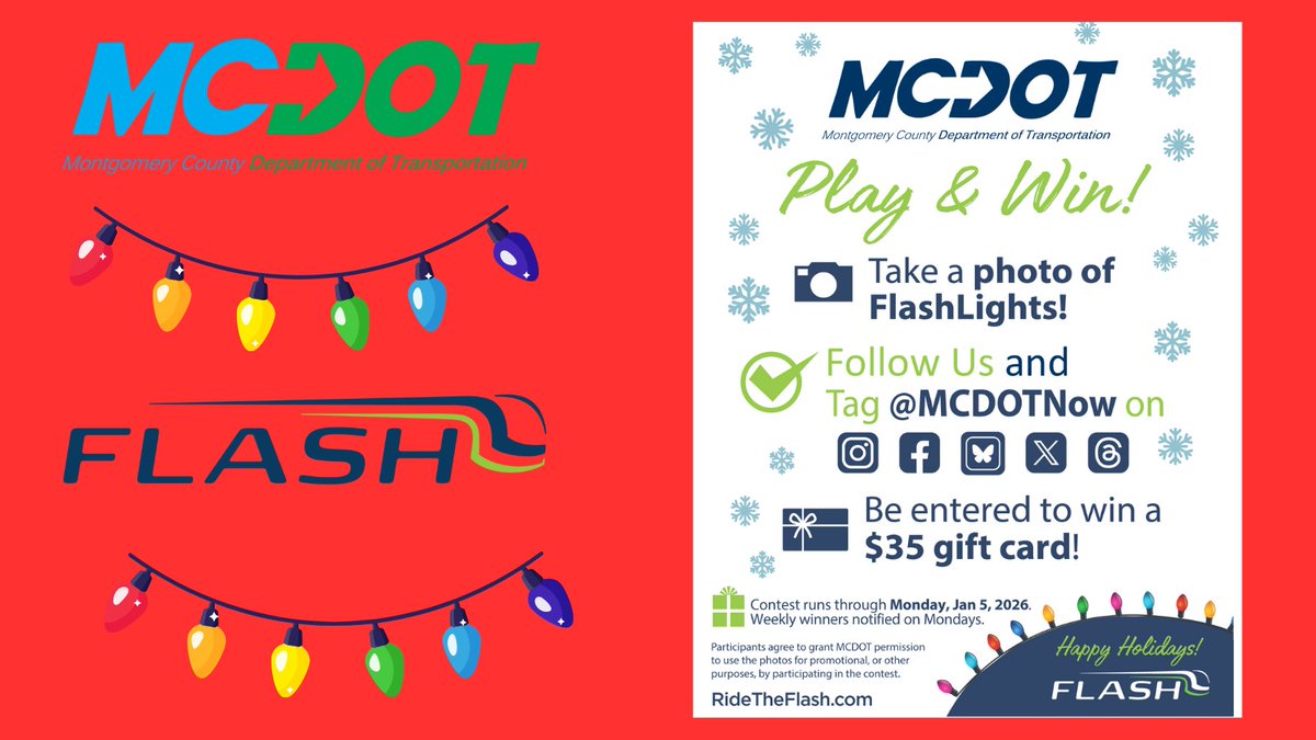 MCDOTNow's tweet image. MCDOT's 'Flashlights' bus🚍 is back for the holiday season❄️⛄️❗ 
Take a pic 🤳and tag @MCDOTnow for a chance to win a $35 gift card❗
❇️Details▶️ow.ly/NX4c50XGtBh @SilverSpringMD @MontgomeryCoMD #whiteoakmd #mdcommuters #commuter #holiday #contest #ridetheflash