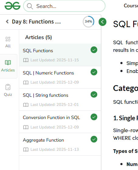 ansh23022003's tweet image. 🚀Just wrapped up Day 8 Articles With Quiz of the
@geeksforgeeks Nation Skill Up SQL Course! Day 8: Mastered SQL Functions (Numeric, string, conversion functions, aggregate), with some Quiz on it. 
Learning SQL step by step! 
📷#skillupwithgfg #nationskillup