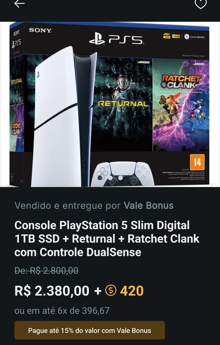 APP Vale Bônus - Console Playstation 5 Slim + 2 Jogos PS5 - R$ 2.380,00 (Cartão) + 420 VB

-Parcelado em até 6x sem juros