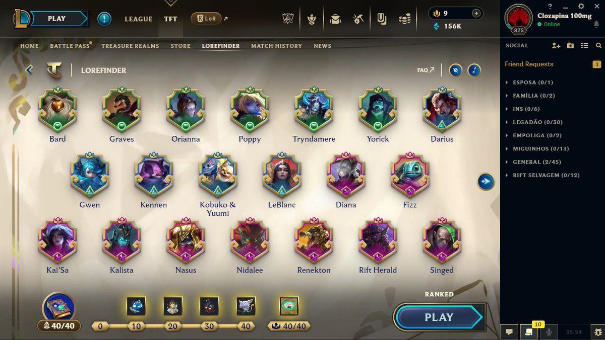 Finalmente completei o Lorefinder, com todos os personagens liberados e todos no top 4.

Agora posso voltar a jogar com uma comp só