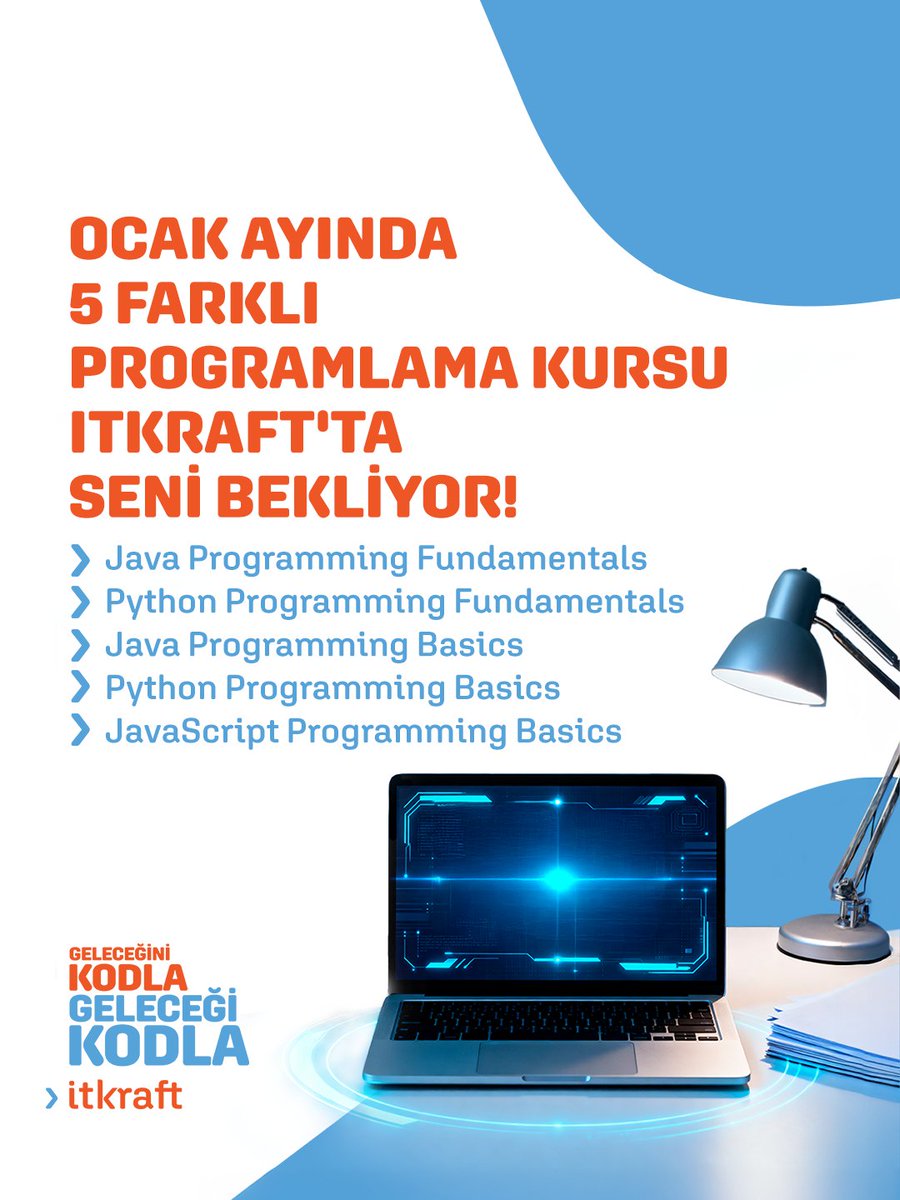 Yazılım dünyasına adım atmak ya da bilgisini bir üst seviyeye taşımak isteyen herkes için hazırladığımız 5 farklı kurs, Ocak ayında seni bekliyor!🚀

ITKraft’ta seviyene uygun kursları mutlaka keşfet!
itkraft.net/egitim-takvimi

#ITKraft #GeleceğiniKodla #Yazılım #Kodlama
