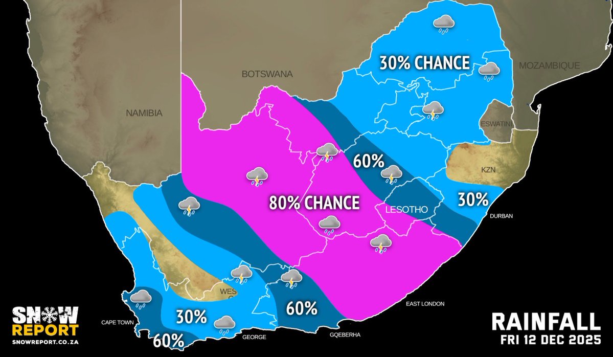 FRIDAY WEATHER: Widespread rainfall over the central part of SA and warnings for severe thunderstorms and damaging waves. See snowreport.co.za for the full forecast #saws #weather #forecast #weatherwarnings