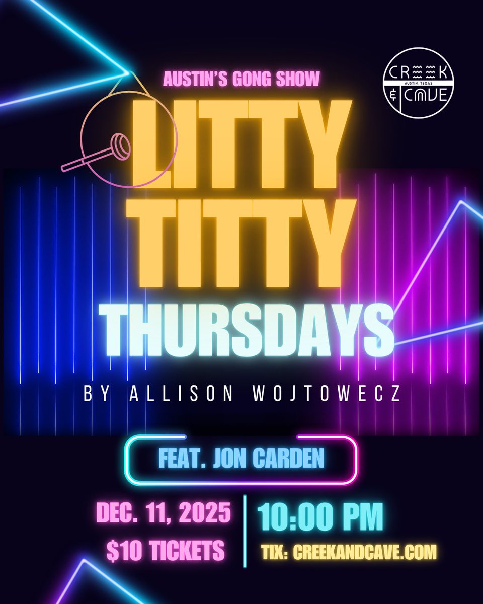 Tonight at The Creek! Kick off your weekend early, ATX! Armando Anto headlines at 8pm, Litty Titty Thursday with .@thealliwo &amp; <a href="/goingtothejon/">Jon Carden</a> at 10pm, open mics at 6pm + midnight! Get tickets: creekandcave.com/#shows