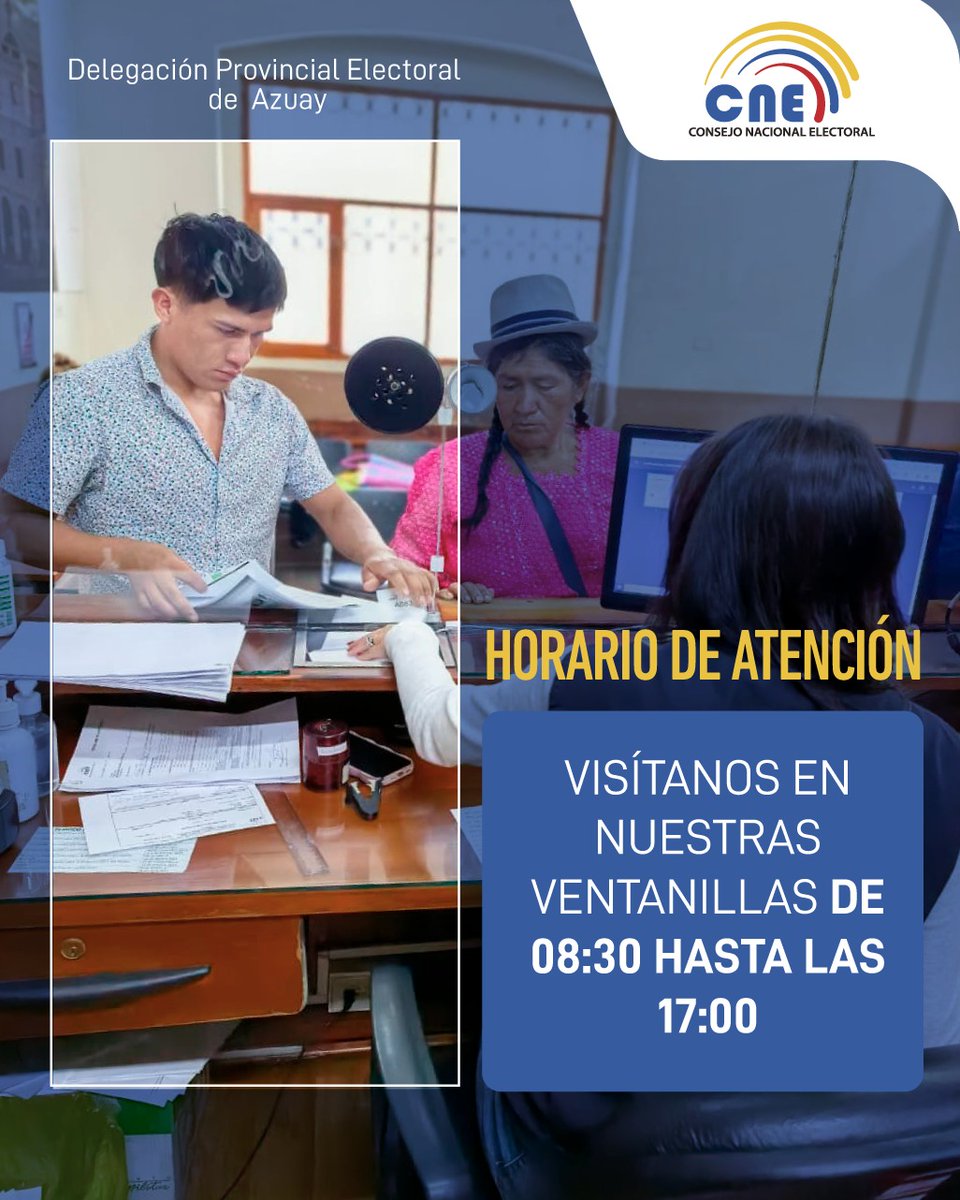 #ServiciosElectoralesEc📢 ¡Atención más ágil y accesible para ti!

📍 Realiza tus trámites electorales de lunes a viernes de 8h30 a 17h00  en nuestras ventanillas ubicadas en las calles Tarqui 11-80 y Sangurima. 🪪 👍