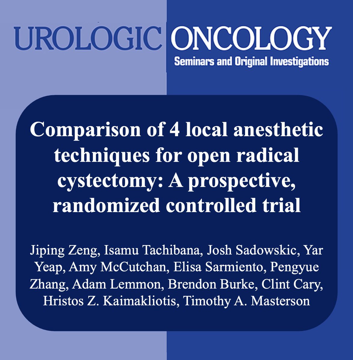 🔔<a href="/UrolOncol/">Urologic Oncology</a>: January issue!      

👉Thoracic epidural anesthesia, rectus sheath block, and surgeon infiltration (with liposomal or standard bupivacaine) achieve similar pain control and opioid use for open cystectomy

Click here to read the article ▶️ bit.ly/48VLKB4